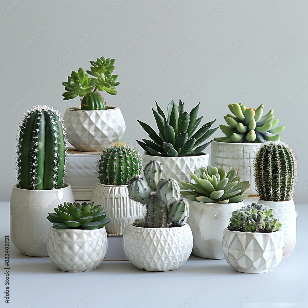 various cactus and succulent plants in different white pots various cactus and succulent plants in different white pots