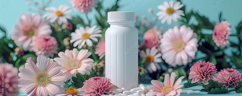 White pill bottle surrounded by pink and white flowers, promoting natural health and wellness. Beautiful floral arrangement background. White pill bottle surrounded by pink and white flowers, promoting natural health and wellness. Beautiful floral arrangement background.