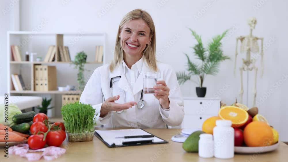 Portrait of mature lady posing with glass of clean water while sitting at writing desk in consulting room. Joyful expert in food emphasizing importance of fluid balance on healthy diet. Portrait of mature lady posing with glass of clean water while sitting at writing desk in consulting room. Joyful expert in food emphasizing importance of fluid balance on healthy diet.