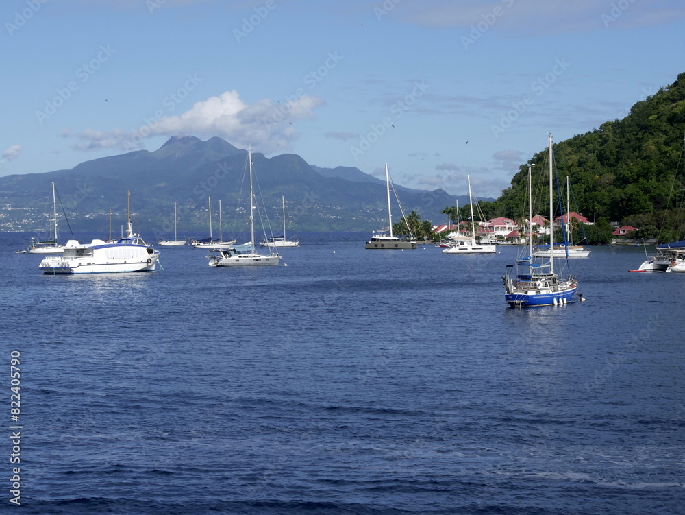 Bay of the Saintes, terre de haut, picturesque harbor of sailboat in caribbean island, Guadeloupe