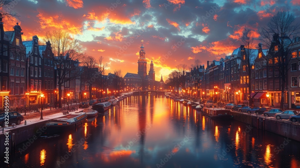 Canals of Amsterdam during twilight in Netherlands. Amsterdam is the capital and most populous city of the Netherlands. Canals of Amsterdam during twilight in Netherlands. Amsterdam is the capital and most populous city of the Netherlands.