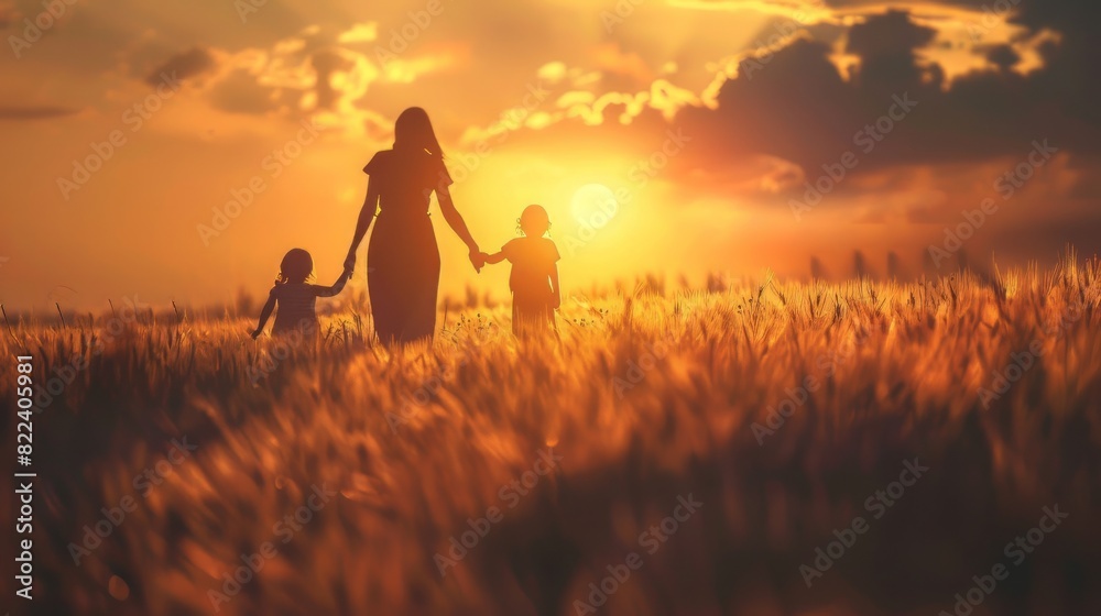 Fototapeta premium Mother little child holding hands walking in a grass field at sunset