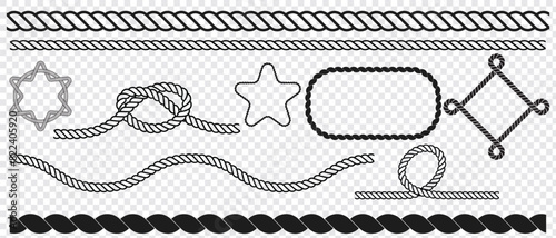 Nautical rope knots and frames. Swaying black nautical rope border. Vector isolated on transparent background. eps 10.