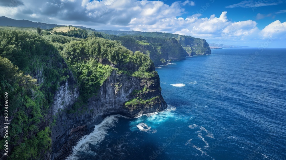 A rugged coastline sculpted by wind and waves, towering cliffs crowned with lush greenery, and the endless expanse of the deep blue sea beyond. 32k, full ultra HD, high resolution