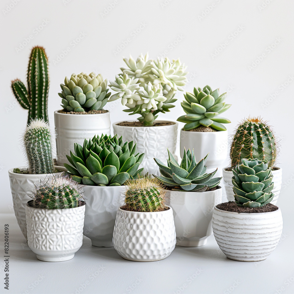 various cactus and succulent plants in different white pots various cactus and succulent plants in different white pots
