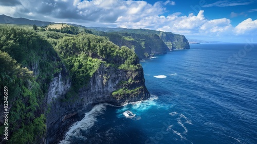 A rugged coastline sculpted by wind and waves  towering cliffs crowned with lush greenery  and the endless expanse of the deep blue sea beyond. 32k  full ultra HD  high resolution