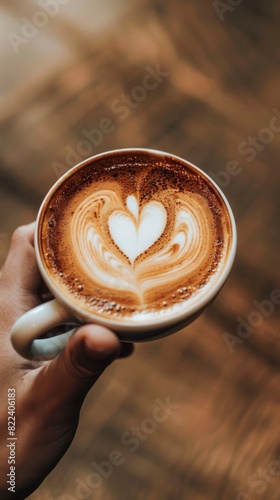 Someone holding a cup of coffee with a heart in it. Vertical background 