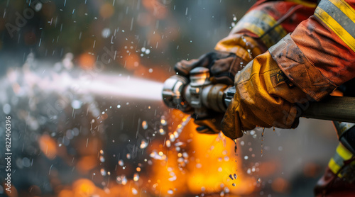 Close-up of a firefighter hands holding a hose with water coming out, extinguishing a fire. The hands are strong gripping the hose tightly. Water is spraying forcefully from the hose. Generative AI.