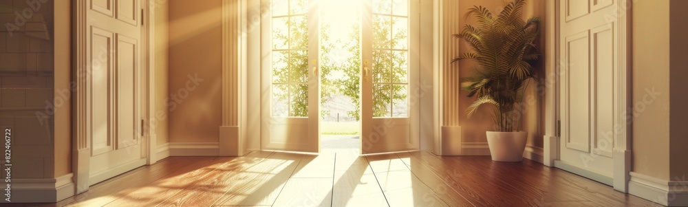 Fototapeta premium Sunlight shining through a window onto a wooden floor in a room, real estate concept