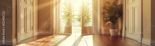 Sunlight shining through a window onto a wooden floor in a room  real estate concept
