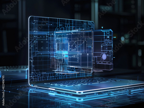 Detailed Laptop Blueprint Displayed on Screen in Engineering Workspace with Tools and Papers  Highlighting Intricate Circuit Designs and High-Tech Components in a Dark  Illuminated Environment