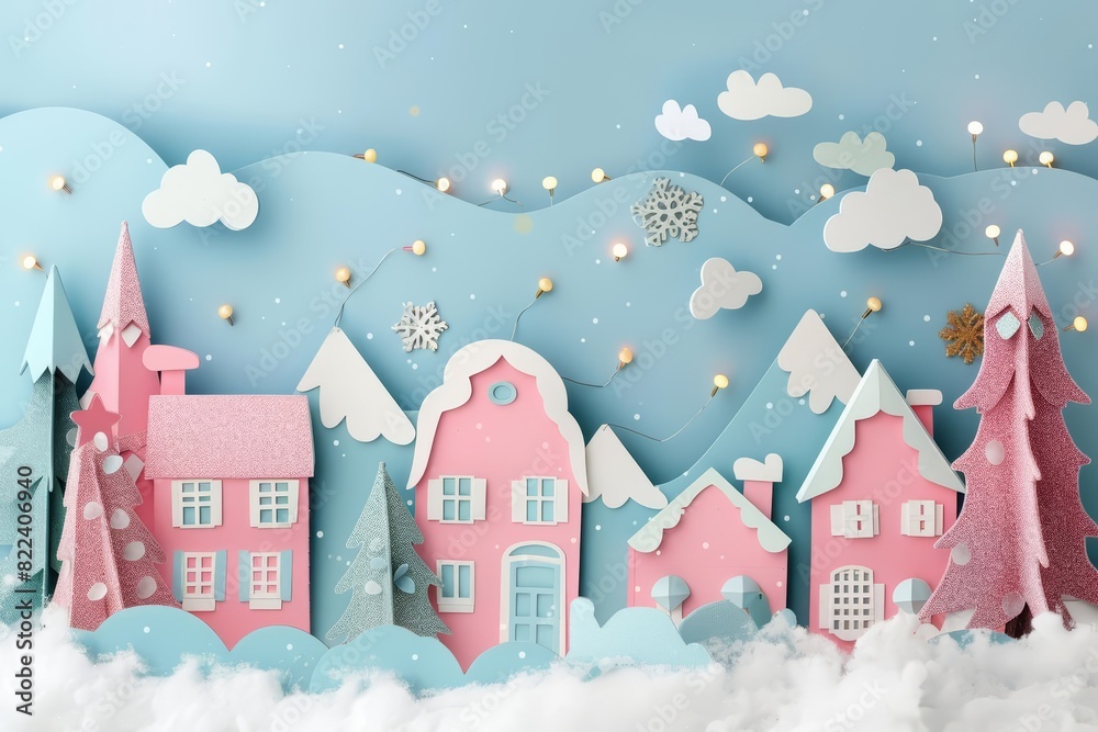 Christmas is celebrated on a 3D product display background with a snowy village and twinkling lights, using paper art styles, and framed as a kawaii template with copy space