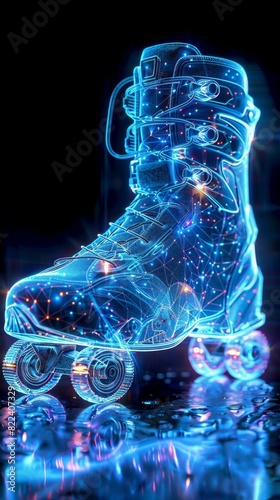 Abstract 4K Holographic Wireframe of Fashionable Roller Skates on Dark Background. Futuristic Design and Detailed Industrial Features.