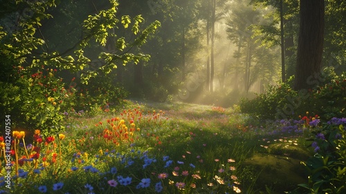 A serene forest clearing at dawn  dappled sunlight filtering through the leaves  illuminating a carpet of vibrant wildflowers. 32k  full ultra HD  high resolution