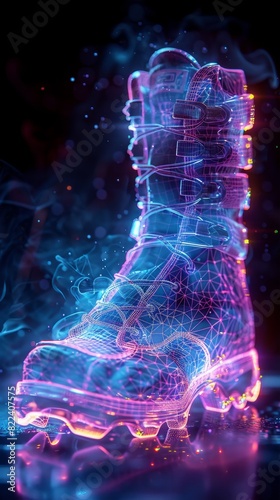 Abstract 4K Holographic Wireframe of Fashionable Roller Skates on Dark Background. Futuristic Design and Detailed Industrial Features.