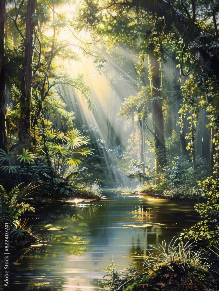 A tranquil forest scene captures the beauty of nature as the sun's rays filter through the water, illuminating the lush trees and plants in a picturesque landscape