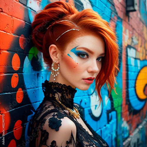 A beautiful girl with dyed hair and beautiful shapes. A girl on the street against a background of graffiti and painted walls. Art portrait.