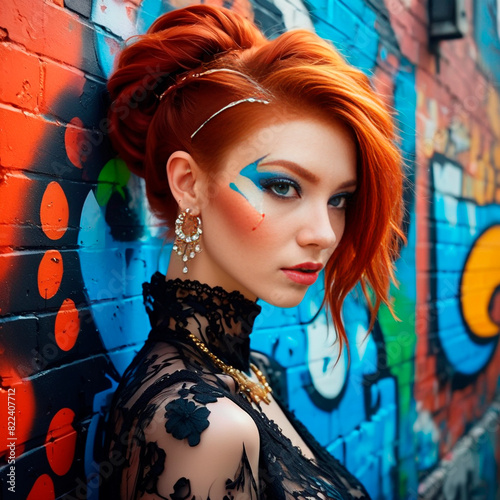 A beautiful girl with dyed hair and beautiful shapes. A girl on the street against a background of graffiti and painted walls. Art portrait.
