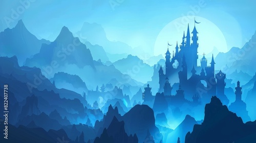 Game world, silhouette, haloed outline, mysterious castle, mountains, blue hues, interlacing light and shadow, bluesy emotions photo