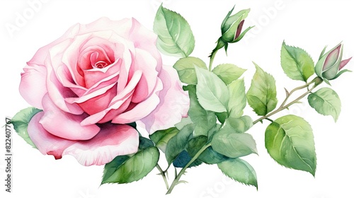 Flower pink rose watercolor, green leaves on white backgrounds