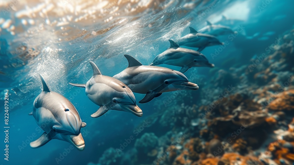 Naklejka premium Curious Creatures ~ A friendly group of Hawaiian Spinner dolphins come in for a closer look.