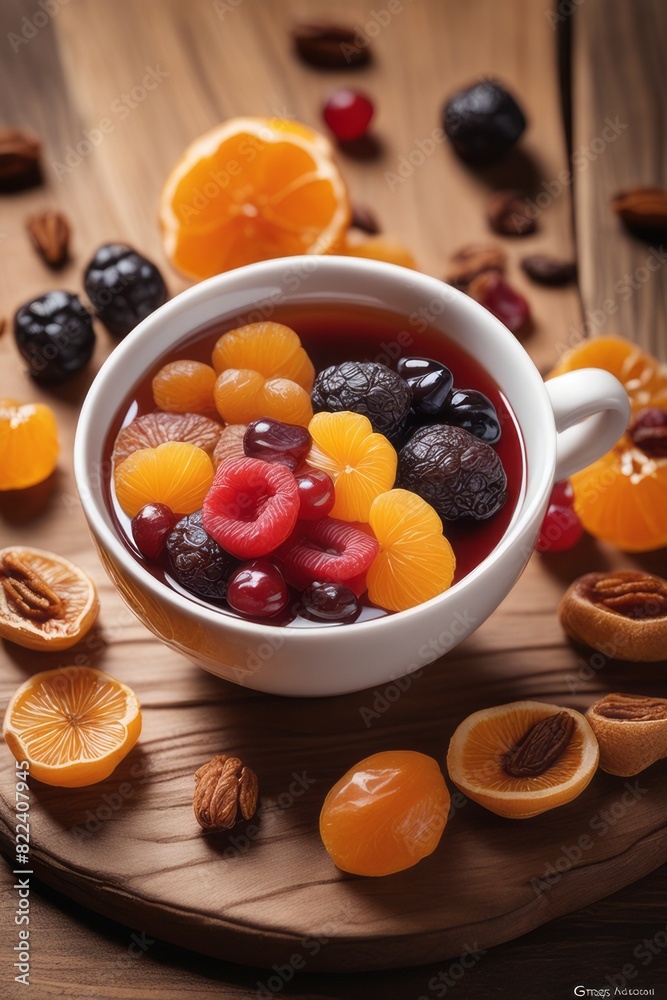 Wooden table showcases a small mug of dried fruit compote. Wooden table showcases a small mug of dried fruit compote.
