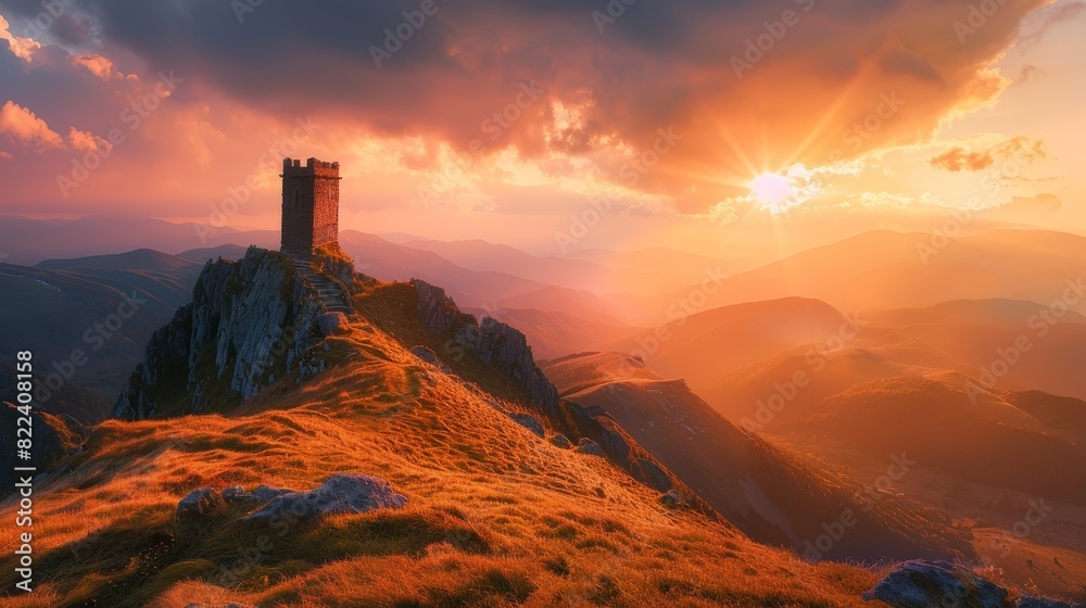 Fototapeta premium a lonely tower that stands on the border of a mountain range during sunset