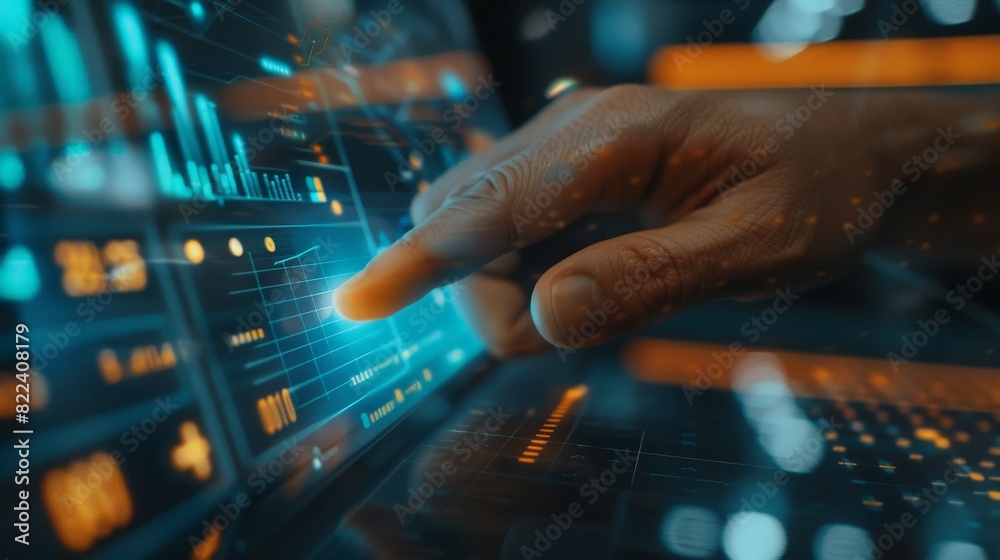 A photo, Businessman one hand index finger touching on financial data and economic growth graph chart A photo, Businessman one hand index finger touching on financial data and economic growth graph chart