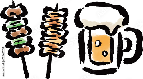 焼き鳥とビール　筆タッチ手描きイラスト