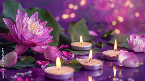 Elegant lotus flowers and aromatic candles arranged