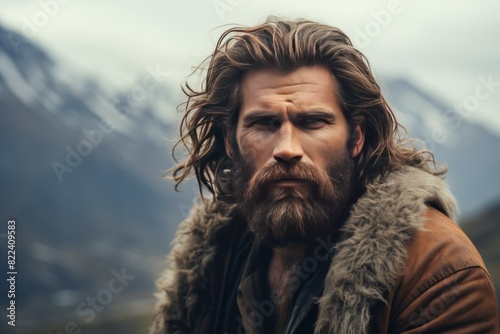 Portrait of a bearded man with intense eyes in a fur-lined jacket against a mountain backdrop photo
