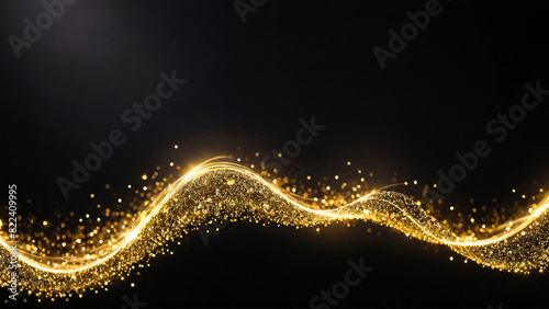 Christmas and New Year winter festive background. Abstract wave pattern in a minimalist style with smooth lines and luminous golden particles on black gradient background. Copy space.