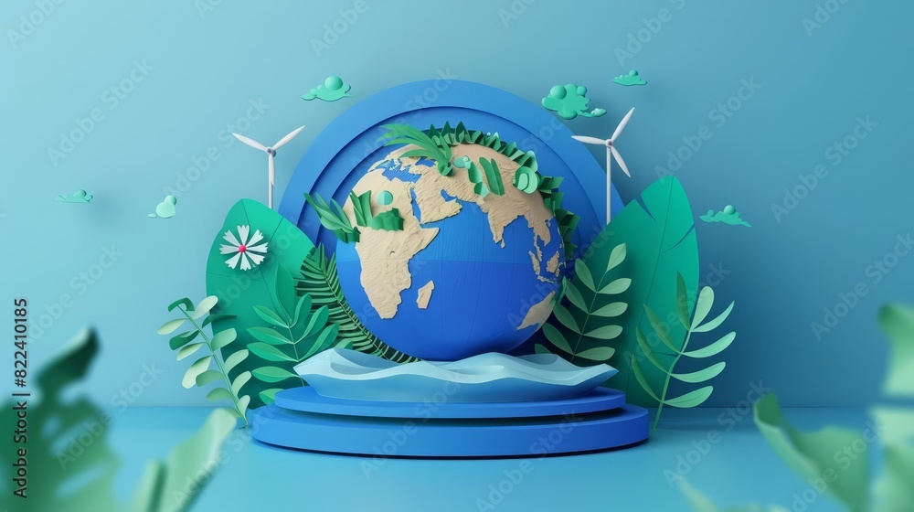 Earth Day uses a 3D product stand podium to display a globe surrounded by renewable energy sources, styled in paper cut fashion, as an ecofriendly banner template Earth Day uses a 3D product stand podium to display a globe surrounded by renewable energy sources, styled in paper cut fashion, as an ecofriendly banner template