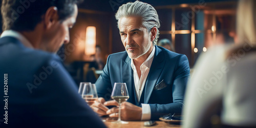 Illustration of mature handsome senior businessman while business meeting with colleagues in restaurant indoor background. Ceo of company sitting at the table. photo