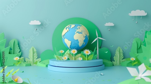 Earth Day uses a 3D product stand podium to display a globe surrounded by renewable energy sources, styled in paper cut fashion, as an ecofriendly banner template