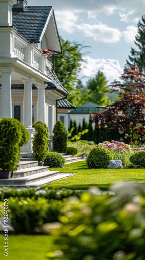 Fototapeta premium Lawn with bushes and bushes in front of a house