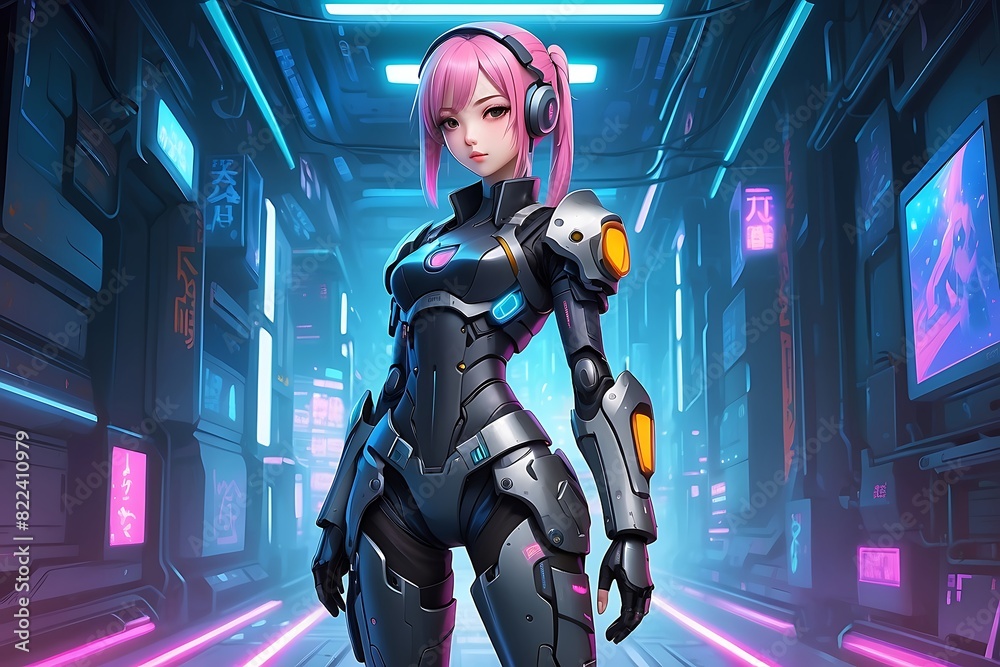 Beautiful cyberpunk anime girl character wearing tech armor