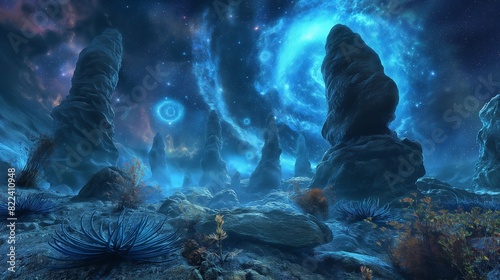 A surreal alien landscape, with bizarre rock formations and otherworldly plants bathed in eerie blue light, against a backdrop of swirling nebulae and distant galaxies.  photo