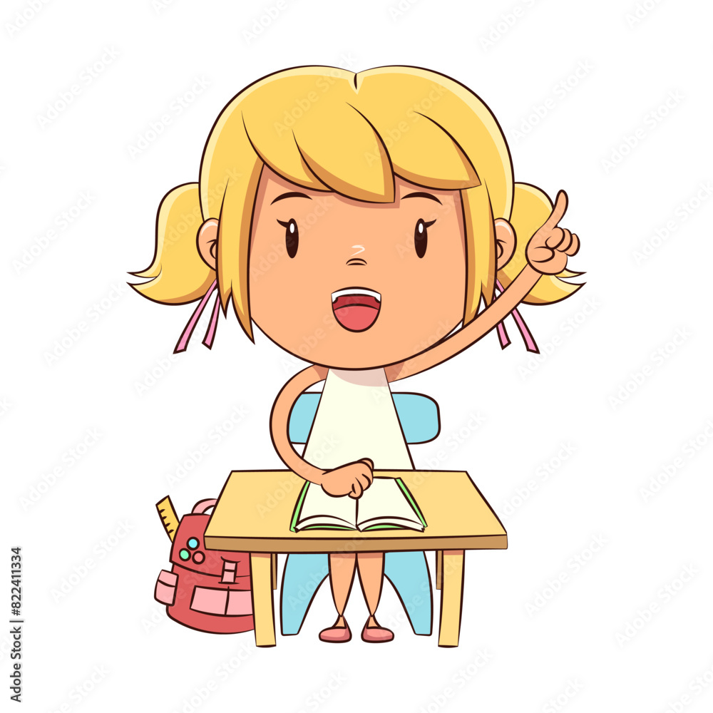 Girl, student, raising hand, sitting, desk, child, studying Girl, student, raising hand, sitting, desk, child, studying