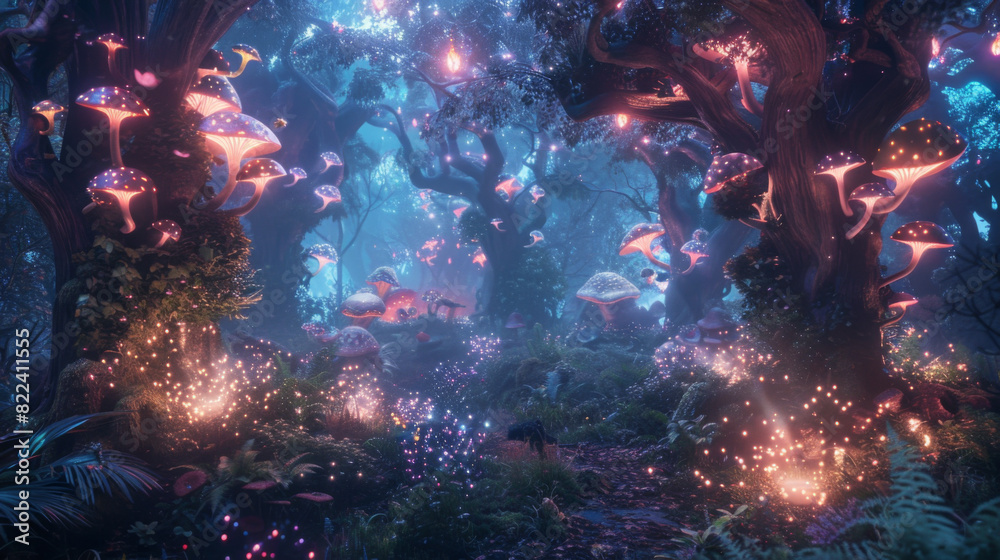 A forest with glowing mushrooms and trees A forest with glowing mushrooms and trees