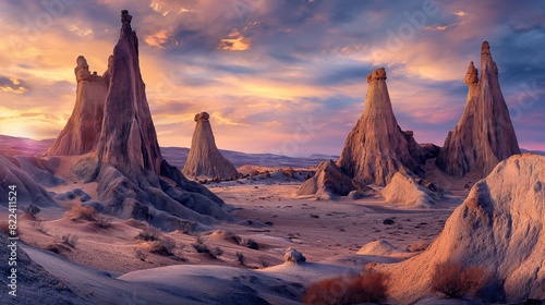 A surreal desert landscape dotted with towering rock formations, their smooth surfaces sculpted by centuries of wind and sand erosion, beneath a sky ablaze with the colors of sunset. 