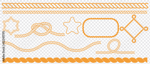 Nautical rope knots and frames. Swaying yellow  nautical rope border. Vector isolated on transparent background. eps 10.