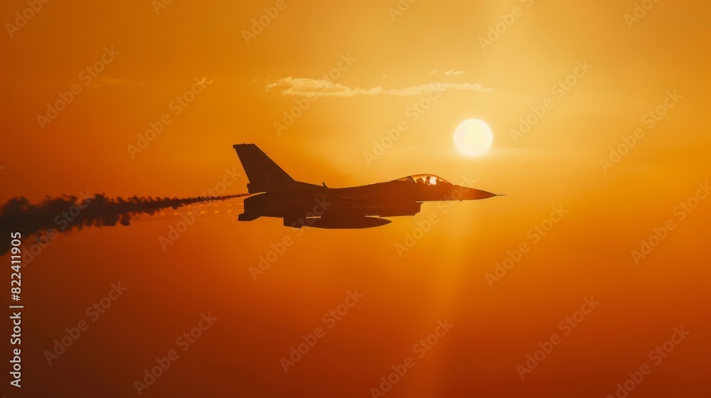 Fototapeta premium Fighter Jet Silhouette at Sunset, High-Altitude Military Flight