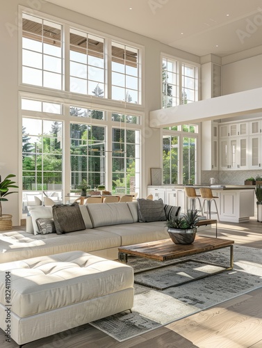 Beautiful living room interior in new luxury home with open concept floor plan. Shows kitchen, dining room, and wall of windows with amazing exterior, Generative AI