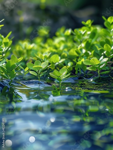 Beautiful spring detailed close up stream of fresh water with young green plants. Horizontal banner  springtime concept. Abstract outdoor wild nature background. Generative AI technology