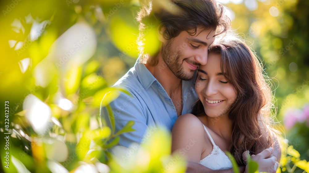 Young couple embracing in a green garden. Young couple embracing in a green garden.