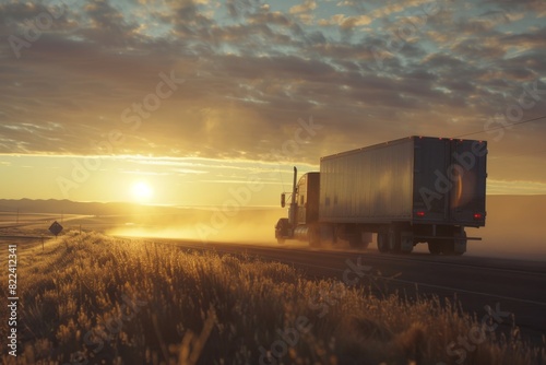 Semi-truck driving on highway at sunset