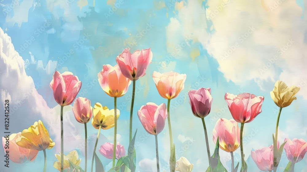 Set of watercolor of tulips, rendered in soft pastels, floating dreamily above a whimsical, cloudy sky