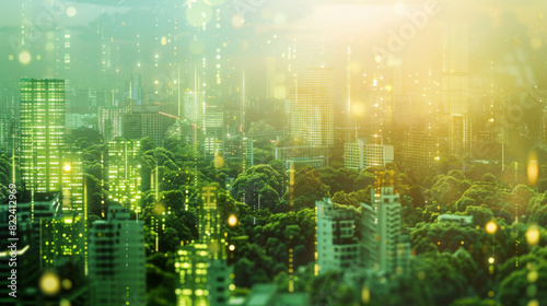 A cityscape with a lot of green trees and buildings