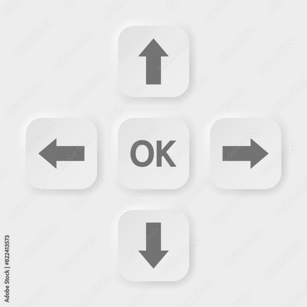 Up, down, left and right arrows. Direction control and ok buttons. White and gray 3d icons, neomorphism. Keyboard Directional buttons